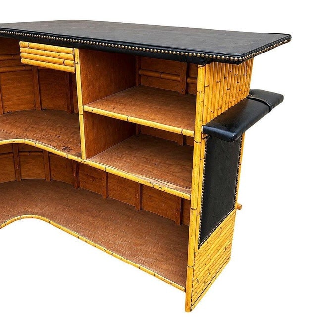 1950s Restored Stacked Front Stacked L Shaped Rattan Bar W/ Nailhead Naugahyde Top - 8