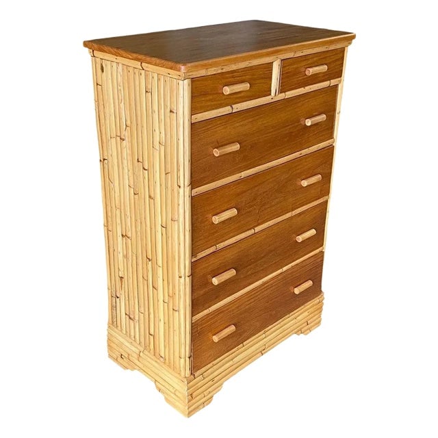 1940s Restored Mid-Century Stacked Rattan & Mahogany Highboy Dresser by Kane Kraft (1 of 9)