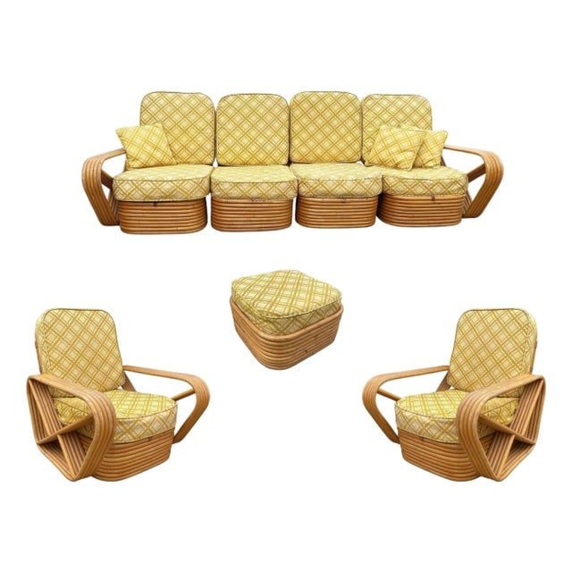 1950s Restored Mid-Century 5-Strand Square Pretzel Rattan Chair & Sofa Livingroom Set: Title: 1950s Restored Mid-Century 5-Strand Square Pretzel Rattan Chair & Sofa Livingroom Set Description: This beautifully restored Mid-Century Rattan living room set reminiscent of Paul Frankl's styl