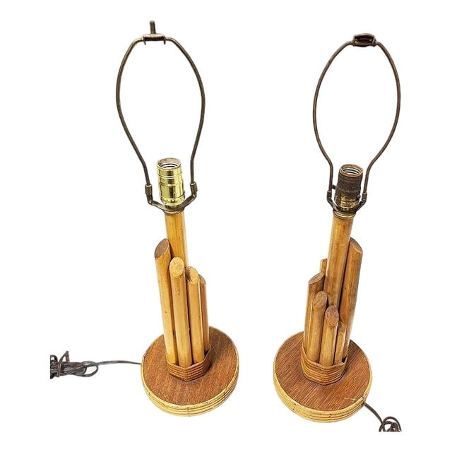1950s Mid Century Modern Sculptural Mahogany & Wicker Wrapped Rattan Graduated 7-Pole Table Lamps, (1 of 7)