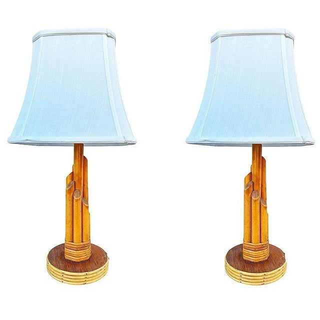 1950s Mid Century Modern Sculptural Mahogany & Wicker Wrapped Rattan Graduated 7-Pole Table Lamps, - 2