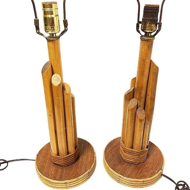 1950s Mid Century Modern Sculptural Mahogany & Wicker Wrapped Rattan Graduated 7-Pole Table Lamps, - 3