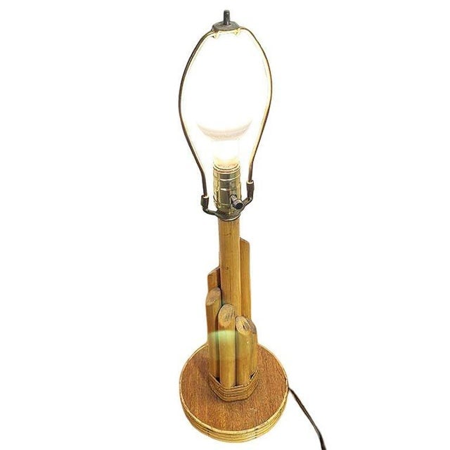1950s Mid Century Modern Sculptural Mahogany & Wicker Wrapped Rattan Graduated 7-Pole Table Lamps, - 4