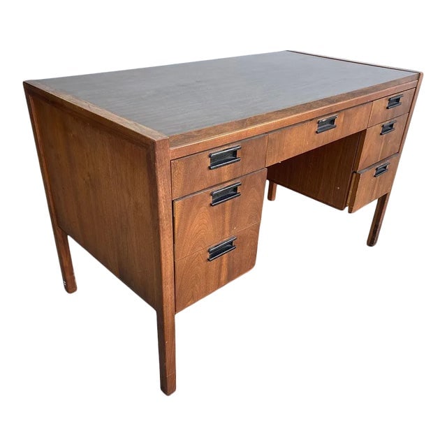 1960s Mid-Century Danish Modern Sligh Lowry Teak Writing Desk: Title: 1960s Mid-Century Danish Modern Sligh Lowry Teak Writing Desk Description: Original 1960s Danish Modern style teak writing desk with woven wicker front and dark stained carved teak drawer pulls
