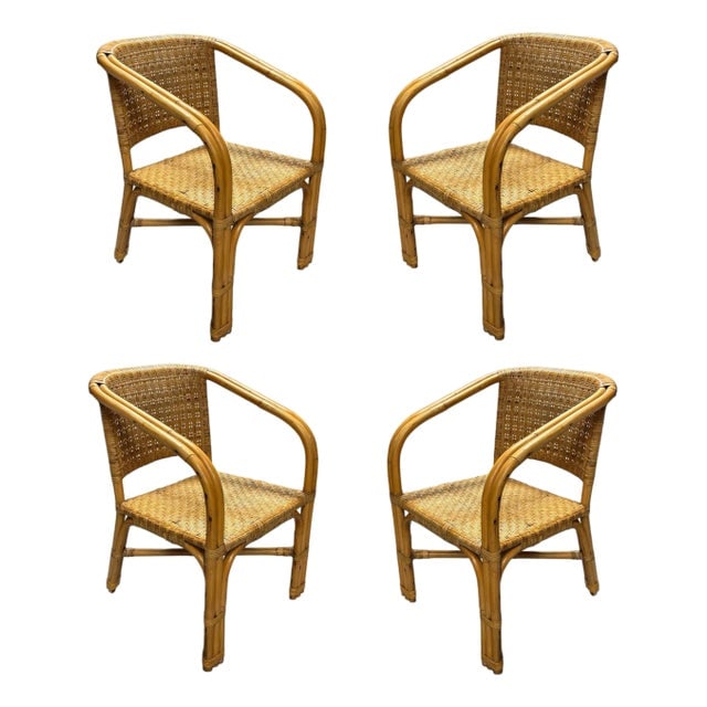 Restored Modern 2-Strand Rattan Armchair Dining Chair W/ Wicker Seat, Set of 4: Title: Restored Modern 2-Strand Rattan Armchair Dining Chair W/ Wicker Seat, Set of 4 Description: A set of four restored rattan armchairs features elegant two-strand transition arms and a beautifully