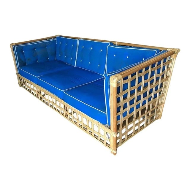 Restored Milo Baughman Style Stick Reed Rattan Cubists Sofa - 3