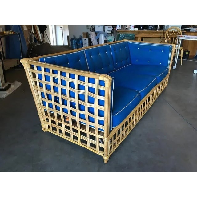 Restored Milo Baughman Style Stick Reed Rattan Cubists Sofa - 4