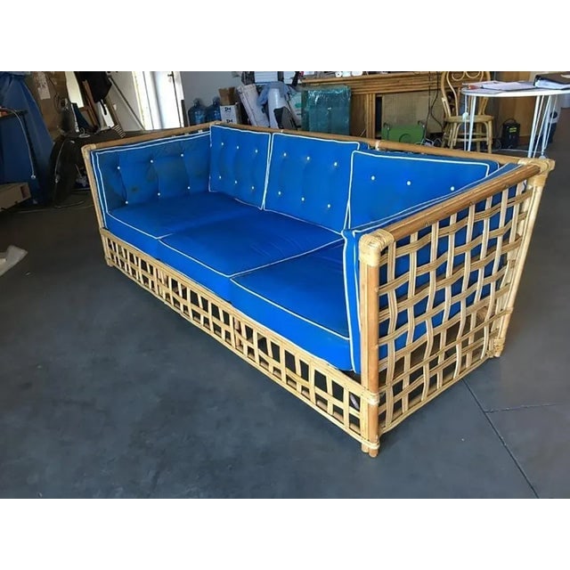 Restored Milo Baughman Style Stick Reed Rattan Cubists Sofa - 6