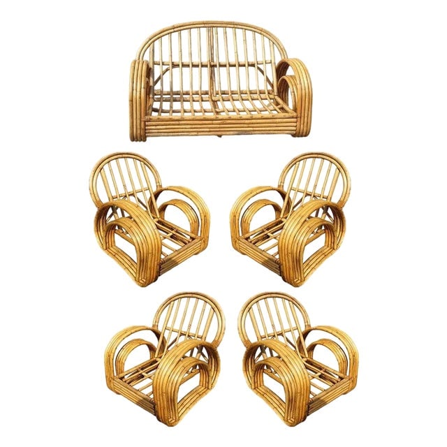 1950s Restored 4-Strand Double Arch Speed Arms Rattan Sofa & Chairs Livingroom Set of 5: Title: 1950s Restored 4-Strand Double Arch Speed Arms Rattan Sofa & Chairs Livingroom Set of 5 Description: This beautifully restored rattan living room set blends style and vintage charm with modern