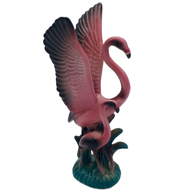 1950s Mid Century Modern Open Wing Mother & Child Pink Flamingo Ceramic Tabletop Statue by Leftons - 2