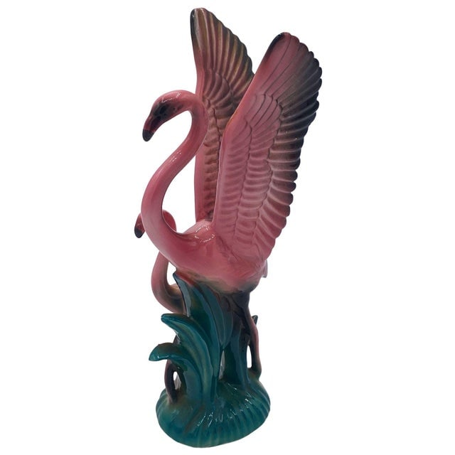 1950s Mid Century Modern Open Wing Mother & Child Pink Flamingo Ceramic Tabletop Statue by Leftons - 3