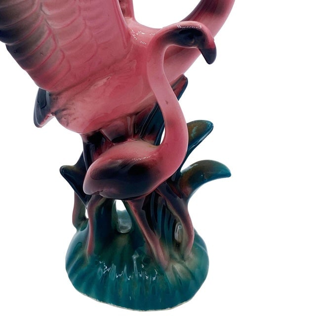 1950s Mid Century Modern Open Wing Mother & Child Pink Flamingo Ceramic Tabletop Statue by Leftons - 5