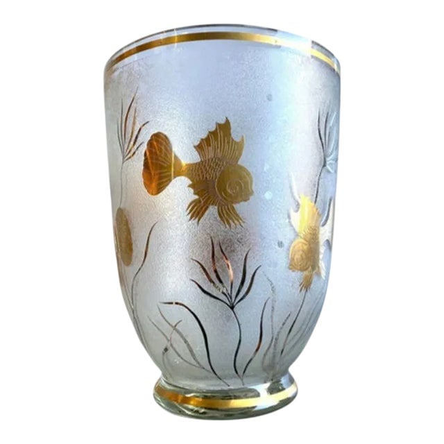 Monumental Etched Glass Vase With Gold Fish Overlay: Title: Monumental Etched Glass Vase With Gold Fish Overlay Description: The artistry and design of this piece are truly stunning. Featuring a clear glass body with intricate texturing, highlighted by