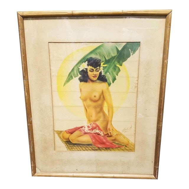 Hawaiian Airbrush Figure on Paper by Mundorff Honolulu in Bamboo Frame, 1945: Title: Hawaiian Airbrush Figure on Paper by Mundorff Honolulu in Bamboo Frame, 1945 Description: Early Mid-century WWII wartime Hawaiian airbrush artwork figure featuring young topless women on an