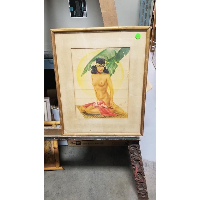 Hawaiian Airbrush Figure on Paper by Mundorff Honolulu in Bamboo Frame, 1945 - 2