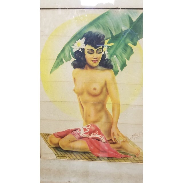 Hawaiian Airbrush Figure on Paper by Mundorff Honolulu in Bamboo Frame, 1945 - 4