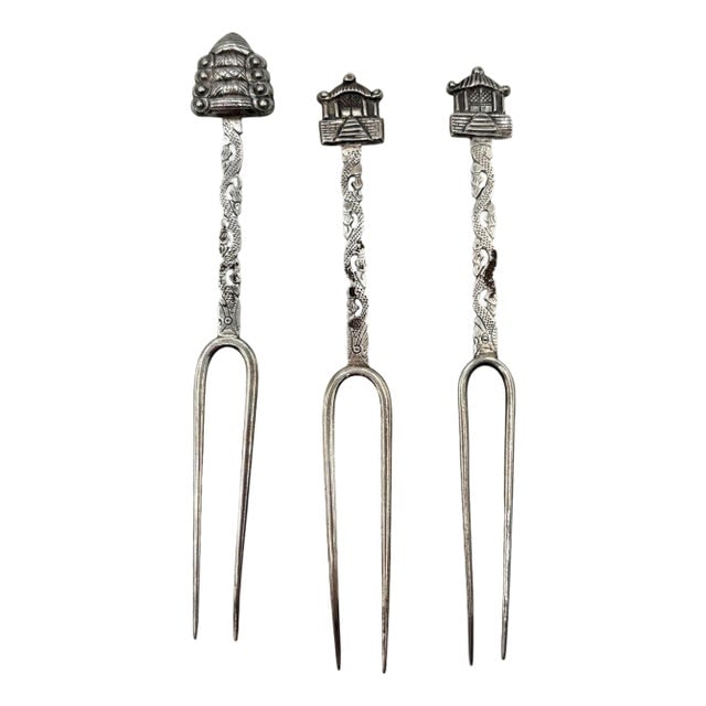 Victorian 1890 Chinese Export Silver Pickle Cocktail Fork, Set of 3 (1 of 5)