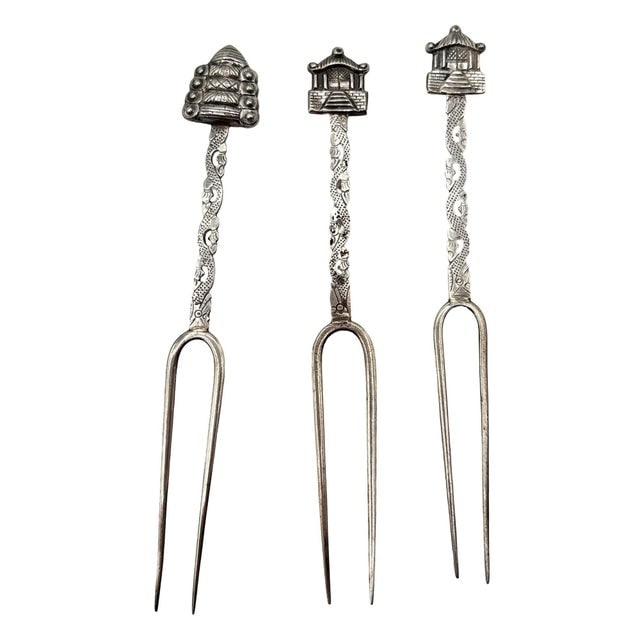 Victorian 1890 Chinese Export Silver Pickle Cocktail Fork, Set of 3 - 2