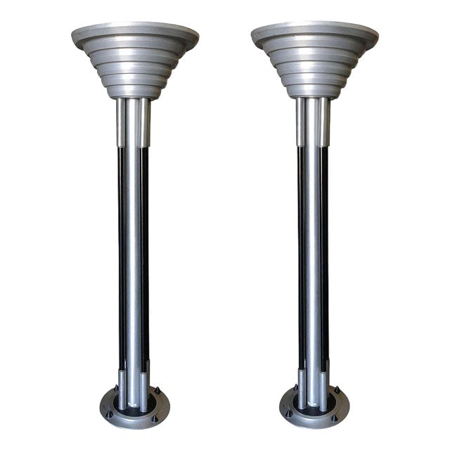 1980s Large Art Deco Revival Machine Age Torchiere Floor Lamp, Pair (1 of 8)