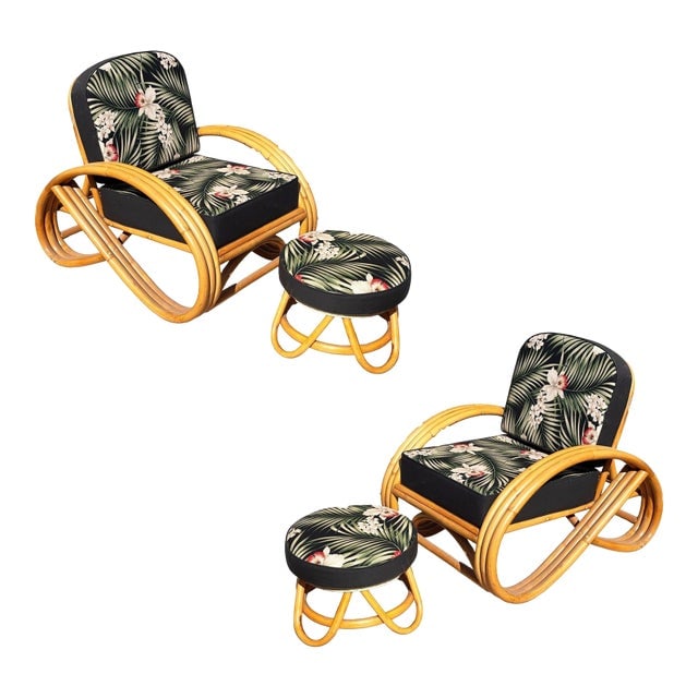 1950s Restored MCM 3-Strand 3/4 Reverse Pretzel Rattan Lounge Chair& Ottoman Pair: Title: 1950s Restored MCM 3-Strand 3/4 Reverse Pretzel Rattan Lounge Chair& Ottoman Pair Description: This beautifully restored coastal Mid Century 3/4 round pretzel arm rattan lounge chair pair,
