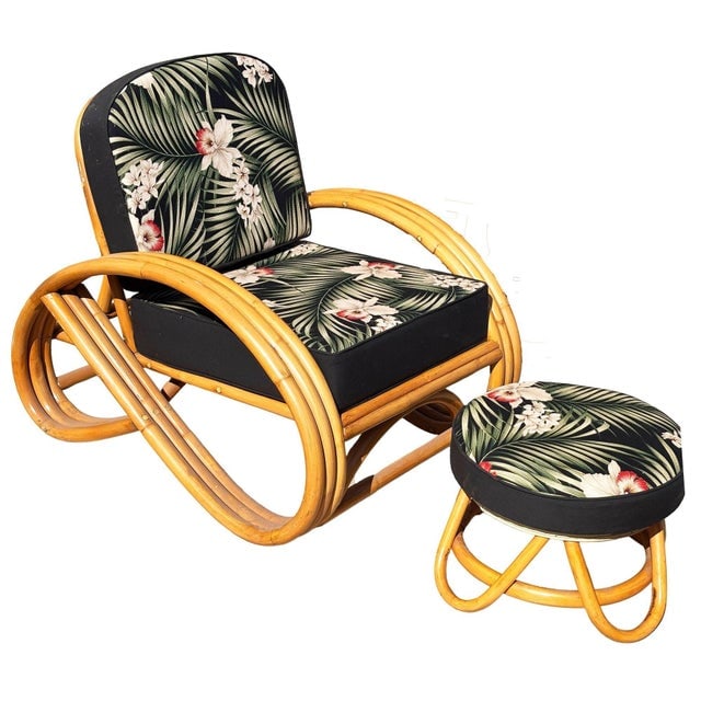 1950s Restored MCM 3-Strand 3/4 Reverse Pretzel Rattan Lounge Chair& Ottoman Pair - 2