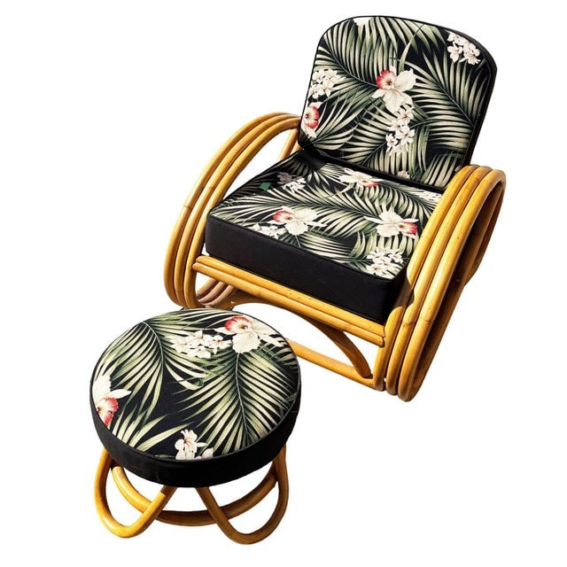 1950s Restored MCM 3-Strand 3/4 Reverse Pretzel Rattan Lounge Chair& Ottoman Pair - 3