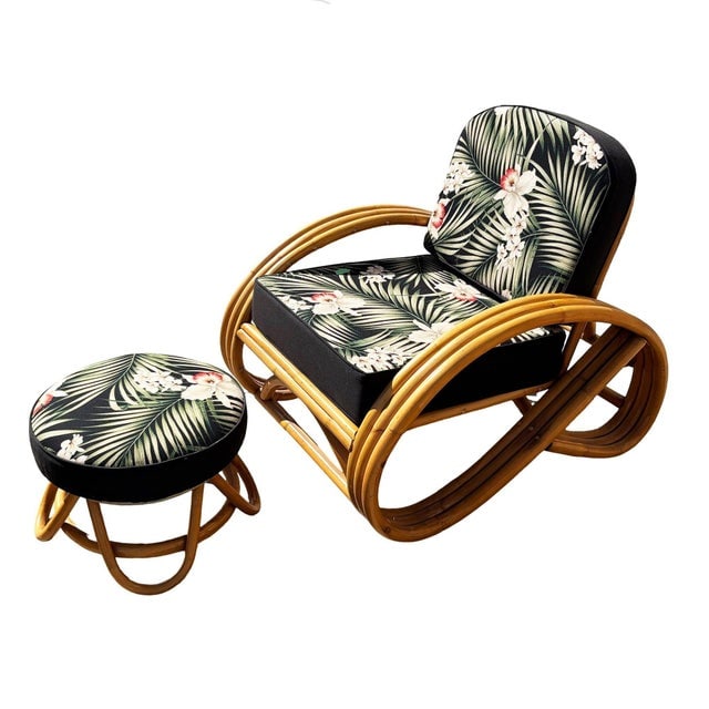 1950s Restored MCM 3-Strand 3/4 Reverse Pretzel Rattan Lounge Chair& Ottoman Pair - 4