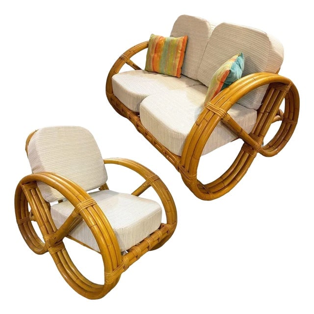 Restored 1950s Child Size 3-Strand Round Full Pretzel Rattan Sofa & Lounge Chair: Title: Restored 1950s Child Size 3-Strand Round Full Pretzel Rattan Sofa & Lounge Chair Description: This beautifully restored rattan blends style and vintage charm with modern comfort. It is a rare