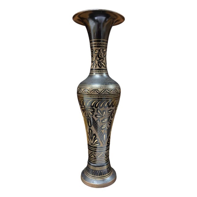 1960s Indian Hand Etched Black Cloisonne Brass Floral Vase (1 of 9)
