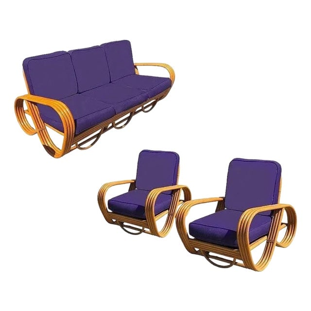 1950s Restored Mid-Century Modern Rattan 4-Strand Reverse Pretzel Sofa & Lounge Chair Set, 3 Pieces: Title: 1950s Restored Mid-Century Modern Rattan 4-Strand Reverse Pretzel Sofa & Lounge Chair Set, 3 Pieces Description: This beautifully restored living room set features a 4-Strand, 3-seat Reverse