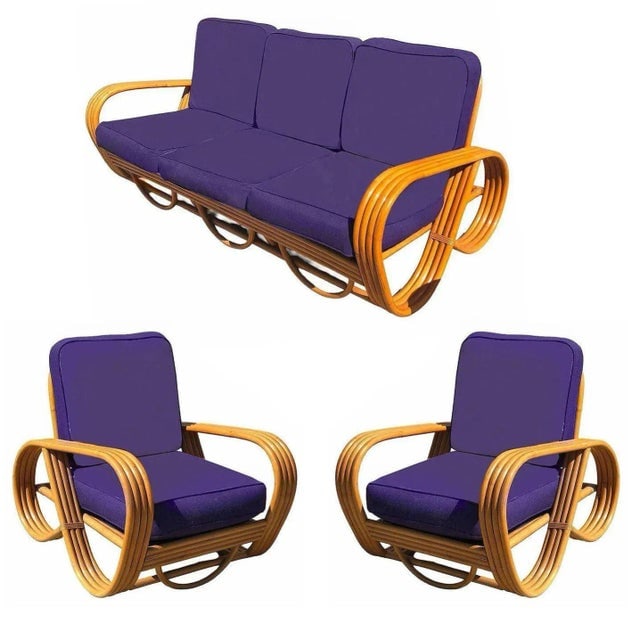 1950s Restored Mid-Century Modern Rattan 4-Strand Reverse Pretzel Sofa & Lounge Chair Set, 3 Pieces - 7