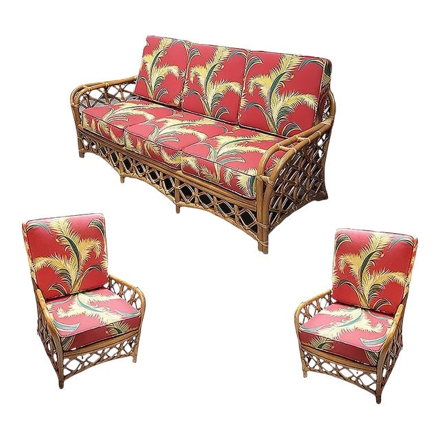 Restored Mid Century Lattice Rattan Sofa & Lounge Chair Livingroom Set: Title: Restored Mid Century Lattice Rattan Sofa & Lounge Chair Livingroom Set Description: Rare restored Chinoiserie lattice rattan living room with two lounge chairs and a 3-seat sofa by Flicks Reed.