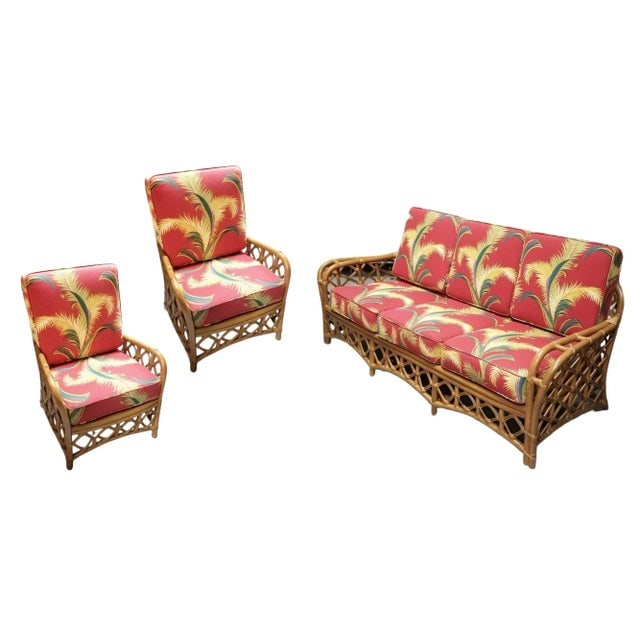Restored Mid Century Lattice Rattan Sofa & Lounge Chair Livingroom Set - 2