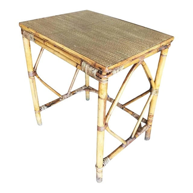 Restored Art Deco Blond Rattan Side Table W/ Rice Mat Top (1 of 7)