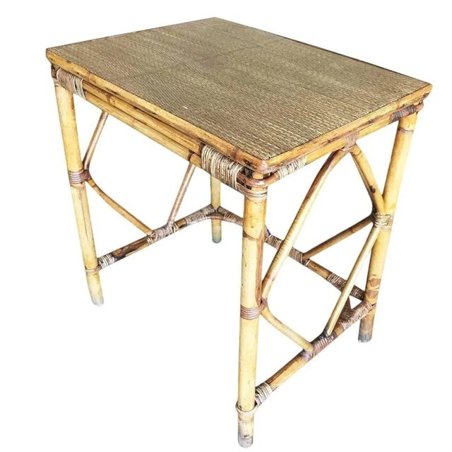 Restored Art Deco Blond Rattan Side Table W/ Rice Mat Top - 7