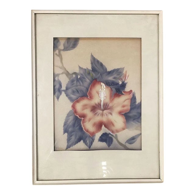 1940s Post War Red Hibiscus Airbrush Painting on Paper by Tip Freeman, Framed (1 of 5)