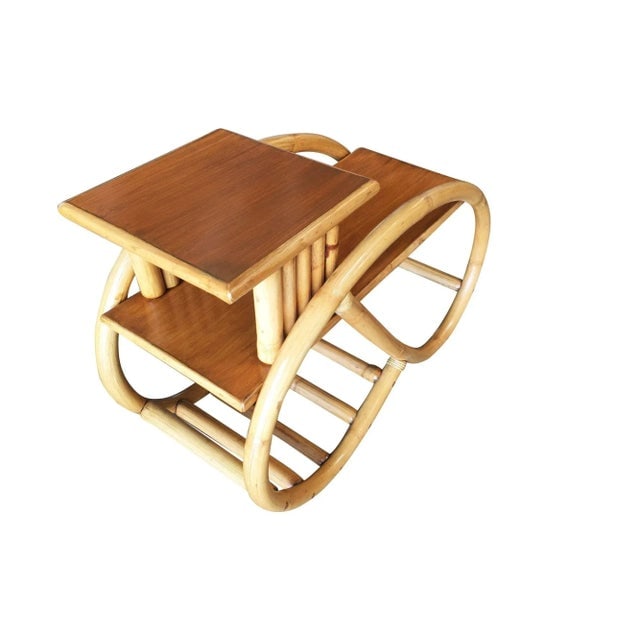 1950s Restored 3/4 Round Pretzel Rattan Side Table with 2-Tier Mahogany Tops, Pair - 3