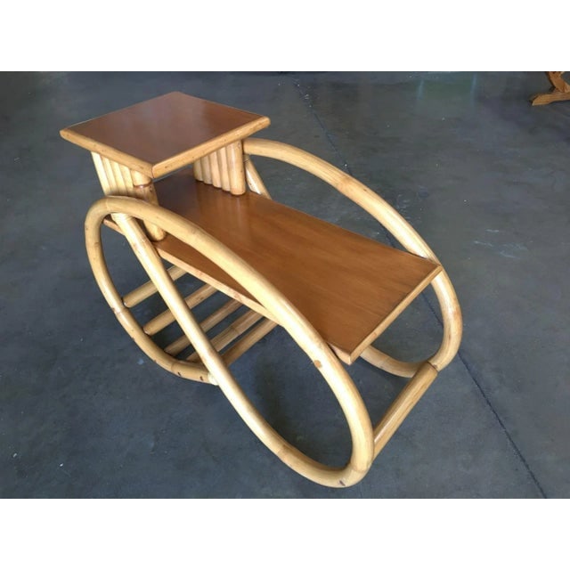 1950s Restored 3/4 Round Pretzel Rattan Side Table with 2-Tier Mahogany Tops, Pair - 4