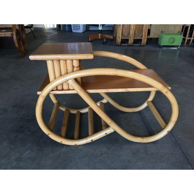 1950s Restored 3/4 Round Pretzel Rattan Side Table with 2-Tier Mahogany Tops, Pair - 5