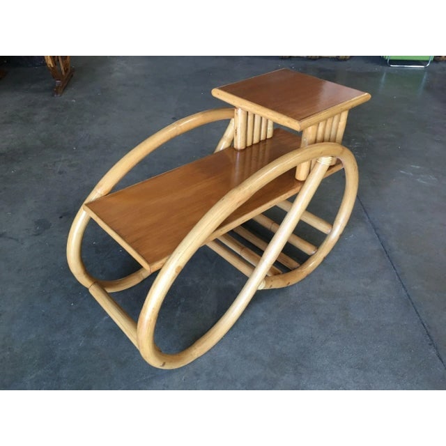 1950s Restored 3/4 Round Pretzel Rattan Side Table with 2-Tier Mahogany Tops, Pair - 6