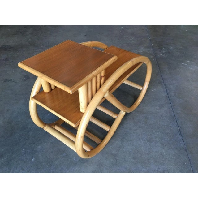 1950s Restored 3/4 Round Pretzel Rattan Side Table with 2-Tier Mahogany Tops, Pair - 7