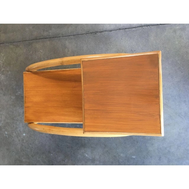 1950s Restored 3/4 Round Pretzel Rattan Side Table with 2-Tier Mahogany Tops, Pair - 8