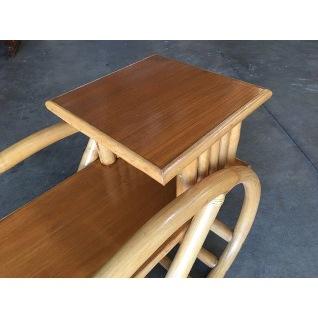 1950s Restored 3/4 Round Pretzel Rattan Side Table with 2-Tier Mahogany Tops, Pair - 9