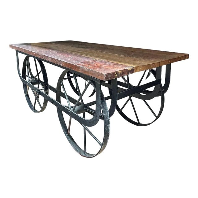1990s Industrial Iron & Wood Railroad Style Rolling Trolly Cart Coffee Table (1 of 7)