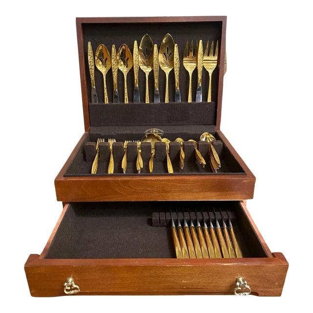 1950s Modernist Pattern Gold Plated Stainless Flatware Set of 92 by Reed and Barton (1 of 14)