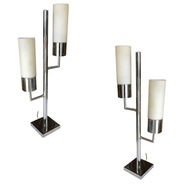 Modernist Twin Cylinder Chrome Table Lamp: Title: Modernist Twin Cylinder Chrome Table Lamp Description: Modernist, Mid-Century inspired twin cylinder lamp featuring a chrome base and body featuring two 2 lights each with a frosted glass