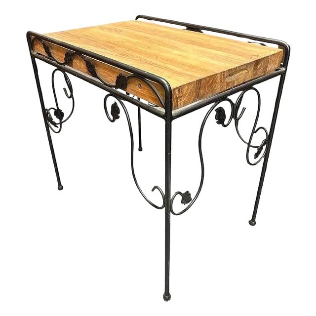 1950s Wrought Iron Scrolling Ivy Wire Patio Wire Side Table W/ Butcher Block Top (1 of 6)