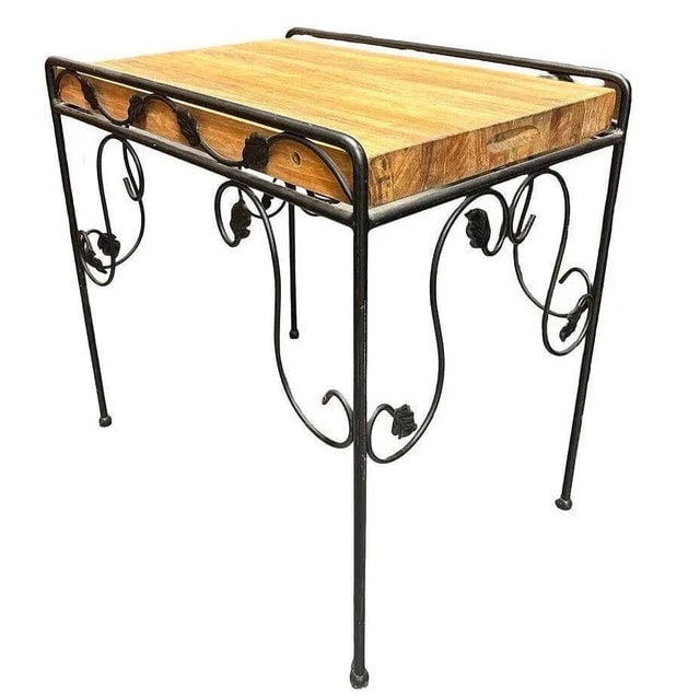 1950s Wrought Iron Scrolling Ivy Wire Patio Wire Side Table W/ Butcher Block Top - 2