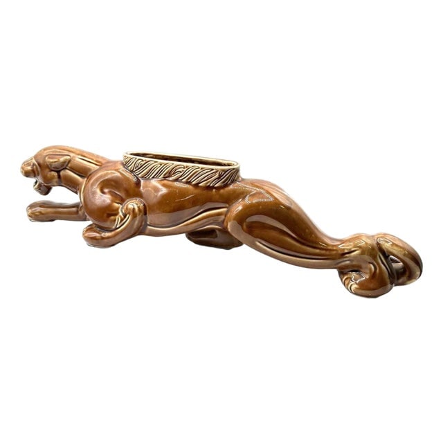 1950s Mid-Century Modern Stalking Panther Statue t.v. Lamp by Royal China & Novelty Co: Title: 1950s Mid-Century Modern Stalking Panther Statue t.v. Lamp by Royal China & Novelty Co Description: Striking vintage ceramic TV lamp and planter in the form of a sleek resting panther, produced