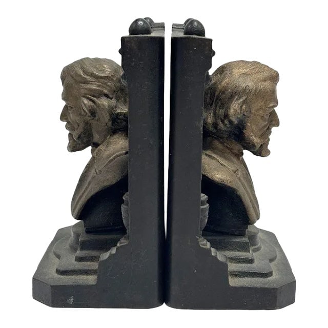 Pair of Solid Brass Bookends Bust of Henry W. Longfellow by "B & H" Bradley and Hubbard (1 of 6)